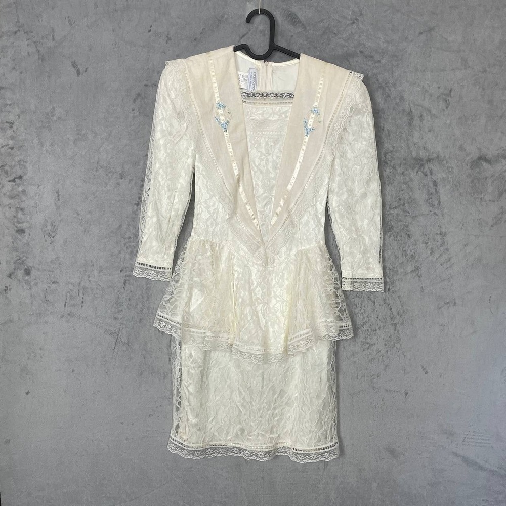 Vintage 80s Gunne Sax Off White Lace Peplum Dress Small Romantic Cottagecore